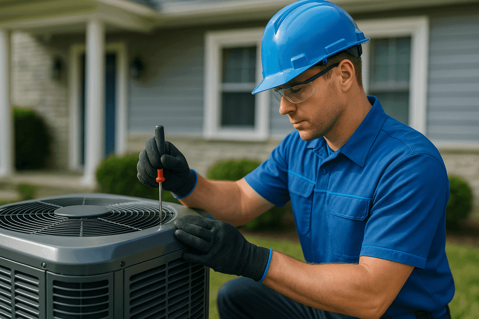 HVAC technician in blue uniform inspecting residential air conditioning unit outdoors